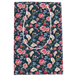 Sacola Para Presentes Média Padrão de Jardim Floral Azul Naval Romântico