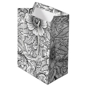 Sacola Para Presentes Média Padrão de Luxo Floral Monocromático Chic (3)