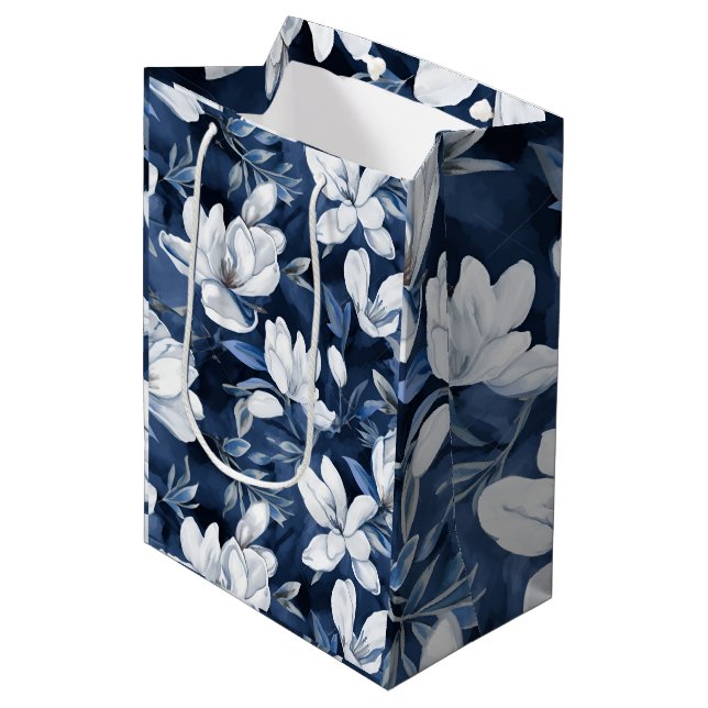 Sacola Para Presentes Média Padrão de Magolia Branca a meia-noite, (Frente inclinada)