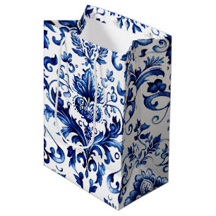Sacola Para Presentes Média Padrão de ornamento floral do estilo Delft azul e