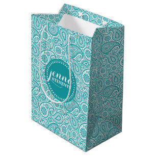 Sacola Para Presentes Média Padrão de Paisley da Vintagem Azul-Verde e Branco