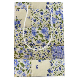 Sacola Para Presentes Média Padrão de Quilt Floral Azul Antigo
