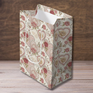 Sacola Para Presentes Média Padrão de Rosa Corações franzidos Marrom Marfim Vi