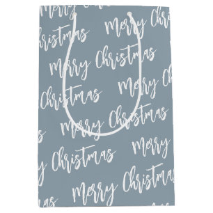 Sacola Para Presentes Média Padrão de Script Elegante Azul Feliz de Natal