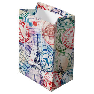 Sacola Para Presentes Média Padrão de selo de viagem mundial vintage (2)