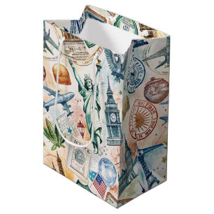 Sacola Para Presentes Média Padrão de selo de viagem mundial vintage (6)