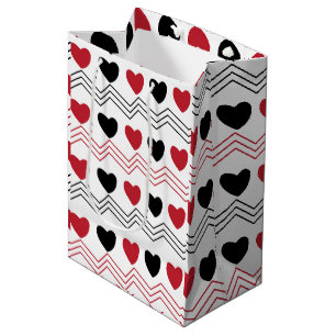 Sacola Para Presentes Média Padrão de Stripe do Coração Vermelho Negro