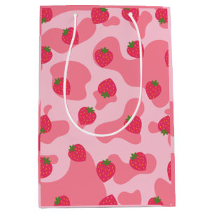 Sacola Para Presentes Média Padrão de Vaca de Morango Cute Kawaii
