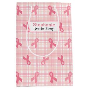 Sacola Para Presentes Média Padrão de Xadrez de Fita Rosa do Câncer da Mama