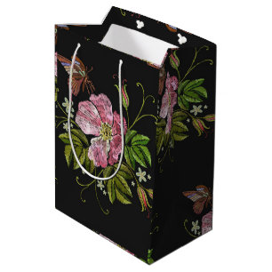 Sacola Para Presentes Média Padrão do bordado floral elegante em preto
