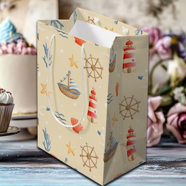 Sacola Para Presentes Média Padrão do Farol de Barcos Náuticos Boho (Criador carregado)