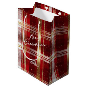 Sacola Para Presentes Média Padrão Dourado de Natal Vermelho de Tartan nº 7 ID