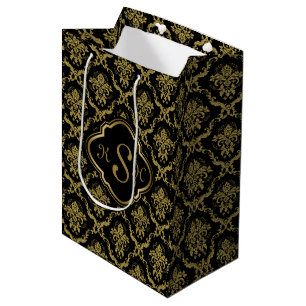 Sacola Para Presentes Média Padrão Dourado e Preto para Damascos Florais Monog