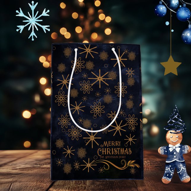 Sacola Para Presentes Média Padrão Elegante Azul Marinho Feliz Natal (Elegant Pattern Blue Merry Christmas Medium Gift Bag)