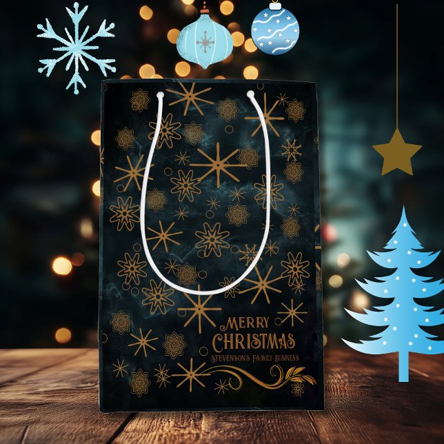 Sacola Para Presentes Média Padrão Elegante AZUL TEAL Merry Christmas (Elegant Pattern TEAL BLUE Merry Christmas Medium Gift Bag)