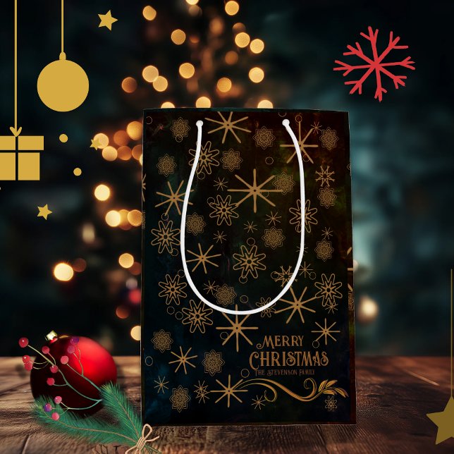 Sacola Para Presentes Média Padrão Elegante PRETO Dourado Feliz Natal (Elegant Pattern BLACK GOLD Merry Christmas Medium Gift Bag)