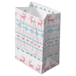 Sacola Para Presentes Média Padrão Escandinavo de Suéter de Esqui Rosa e Azul