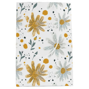 Sacola Para Presentes Média Padrão Floral Branco e Amarelo