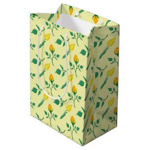 Sacola Para Presentes Média Padrão floral com rosa amarela e flores tulipas