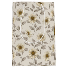 Sacola Para Presentes Média Padrão Floral Creme de Girassol Neutro Suave