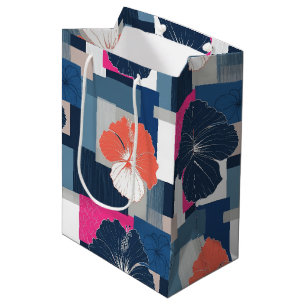 Sacola Para Presentes Média Padrão Floral de Hibisco Azul Elegante (1)