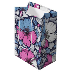 Sacola Para Presentes Média Padrão Floral de Hibisco Azul Elegante (12)