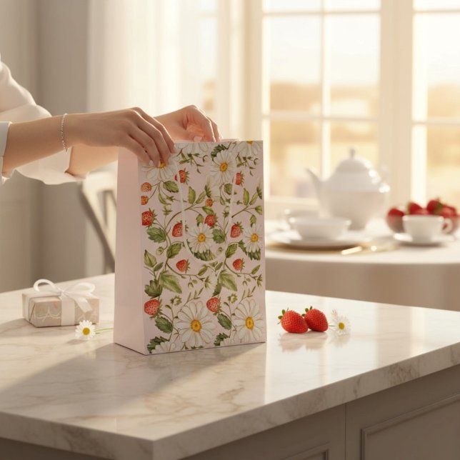 Sacola Para Presentes Média Padrão Floral de Morango Margarida Rosa Claro Botâ (Criador carregado)