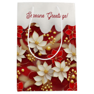 Sacola Para Presentes Média Padrão Floral de Natal Branco Vermelho nº 17 ID100