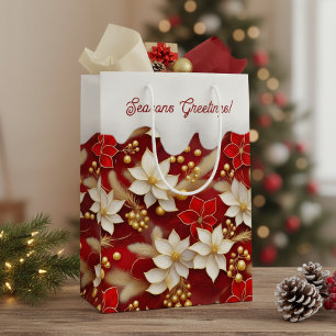 Sacola Para Presentes Média Padrão Floral de Natal Vermelho Branco#17 ID1009