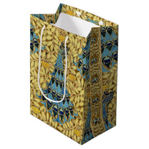 Sacola Para Presentes Média Padrão Floral de Pavão Azul Art Nouveau Antigo