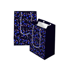 Sacola Para Presentes Média Padrão Floral de Primavera Azul Escuro