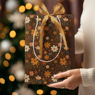 Sacola Para Presentes Média Padrão Floral de Queda Vintage - Flores de outono
