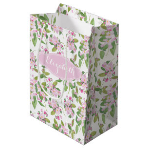 Sacola Para Presentes Média Padrão Floral do Flor do Flor da Maçã Rosa em Bran
