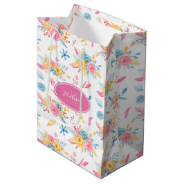Sacola Para Presentes Média Padrão Floral Rosa bonito Monograma