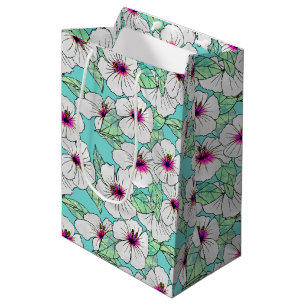 Sacola Para Presentes Média Padrão Floral Tropical de Hibiscus Rosa e Branco