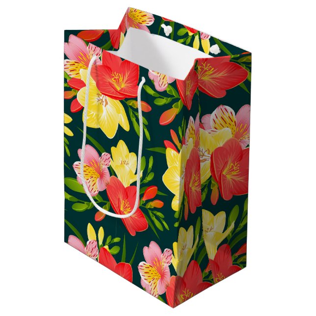 Sacola Para Presentes Média Padrão Floral Tropical Vibrante (Frente inclinada)
