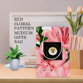 Sacola Para Presentes Média Padrão Floral Vermelho Adicione o Nome e Logotipo