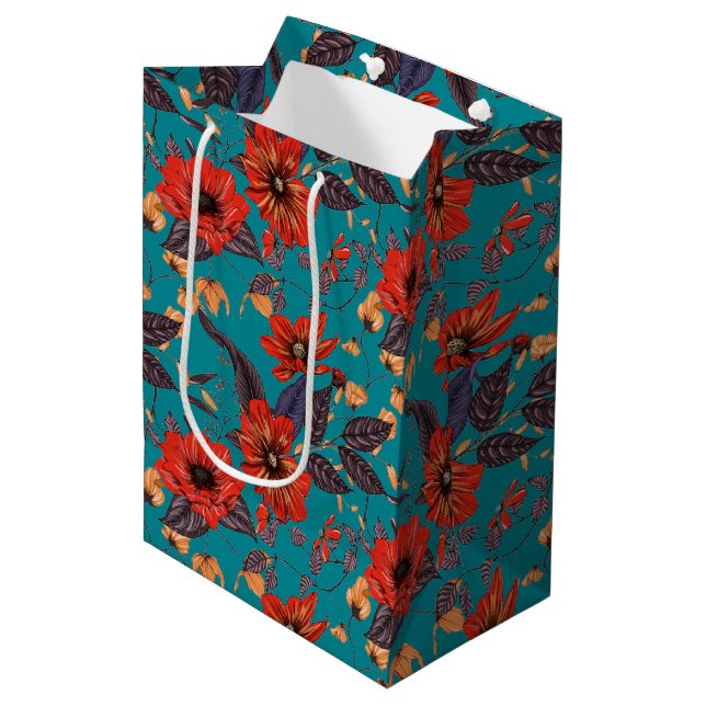 Sacola Para Presentes Média Padrão Floral Vermelho e Teal (Frente inclinada)