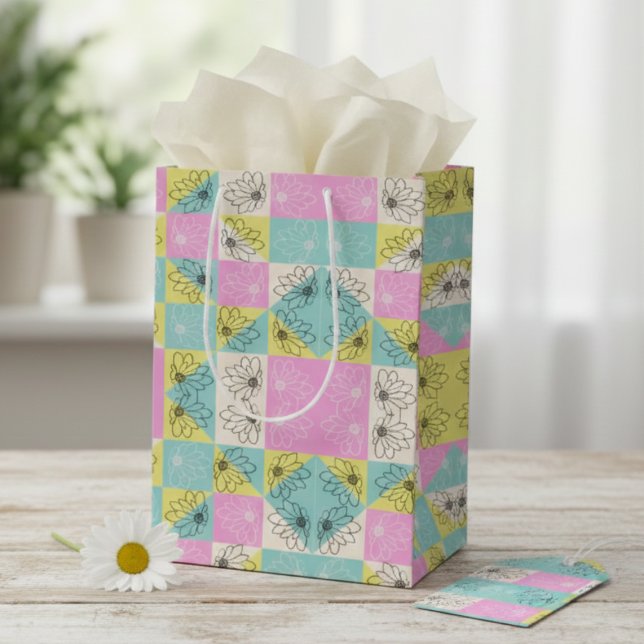Sacola Para Presentes Média Padrão Floral Xadrez Rosa Pastel Turquesa e Creme (Criador carregado)