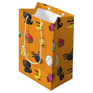 Sacola Para Presentes Média Padrão fofo de Halloween com fundo laranja