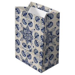 Sacola Para Presentes Média Padrão Geométrico do Flor Branco Azul-Vintage