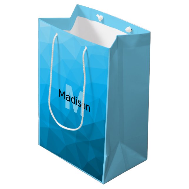 Sacola Para Presentes Média Padrão geométrico do gradiente ciano azul Monogram (Frente inclinada)