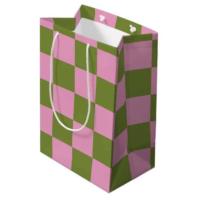 Sacola Para Presentes Média Padrão Gingham Verdejado Rosa (Verso inclinado)