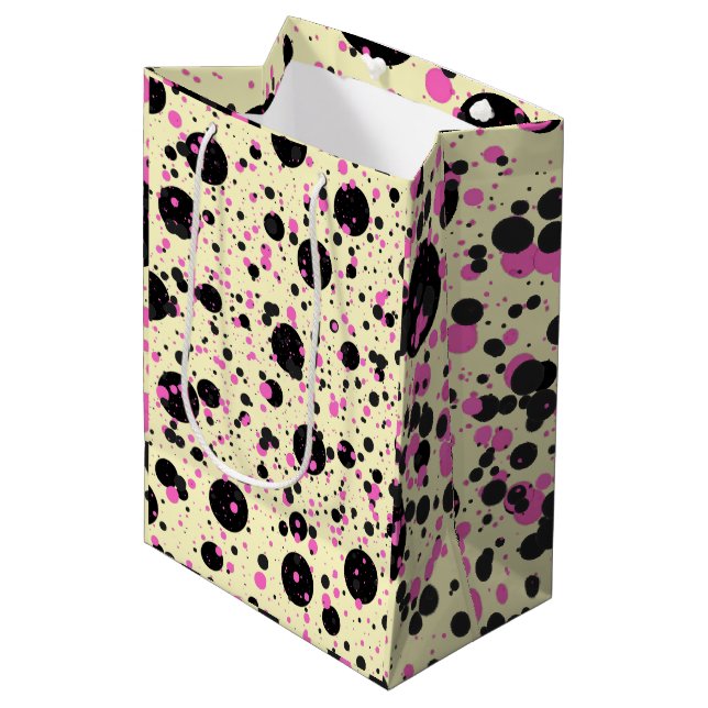 Sacola Para Presentes Média Padrão Glam com Bolinhas Rosa e Preto (Frente inclinada)