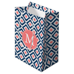 Sacola Para Presentes Média Padrão Ikat de Diamantes Azuis e Corais Monograma