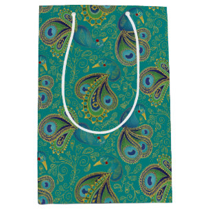 Sacola Para Presentes Média Padrão Paisley de Pavão Azul