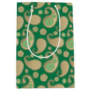 Sacola Para Presentes Média Padrão Paisley, Dourado suave no Emerald Green