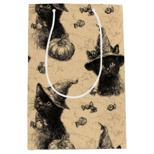 Sacola Para Presentes Média Padrão Rustic Vintage Black Cat Witch Halloween