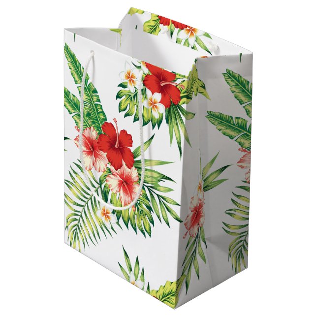 Sacola Para Presentes Média Padrão Tropical de Hibiscus Vermelho e Branco (Verso inclinado)