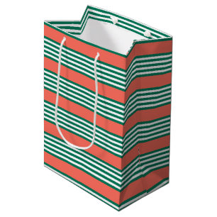 Sacola Para Presentes Média Padrão verde e branco de cinco faixas com coral